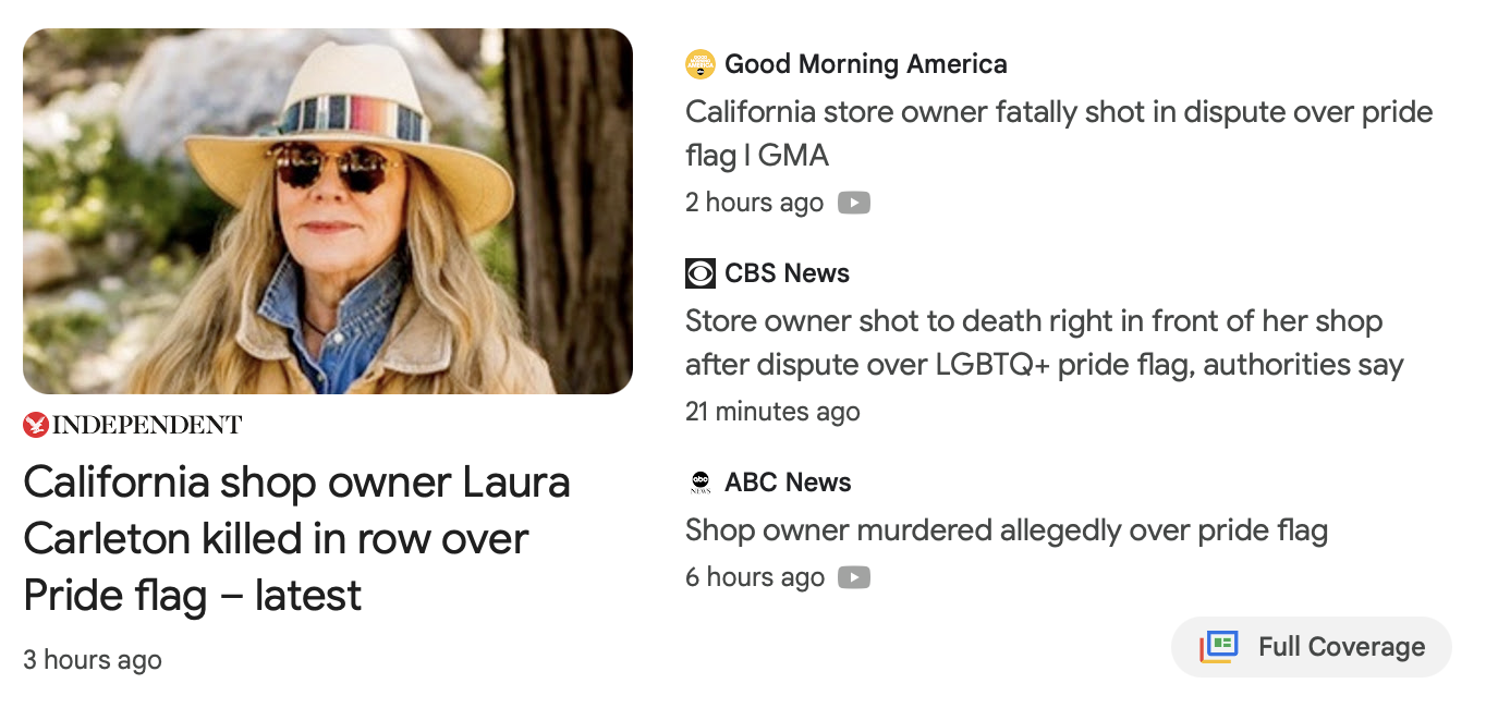 A group of headlines on Google News that all describe the clearly bigoted and hate driven murder of Carleton as the result of a mere disagreement.