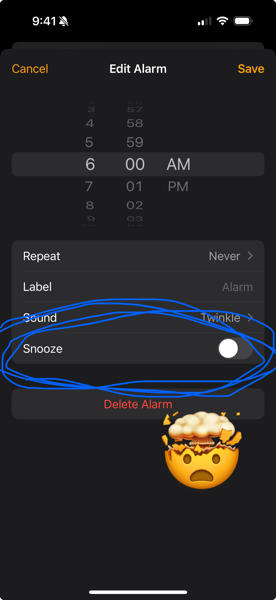 iOS Edit Alarm screen with a mind blown emoji sticker and Snooze toggle circled