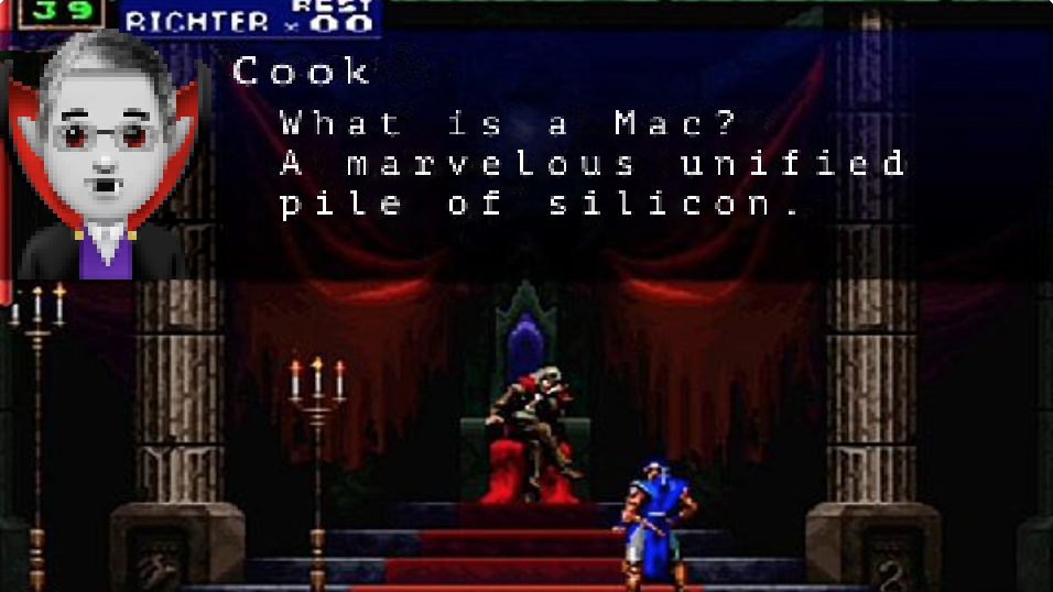 A screenshot of Castlevania: Symphony of the Night, but with vampire emoji of Tim Cook in place of Dracula and saying "What is a Mac? A marvelous unified pile of silicon."