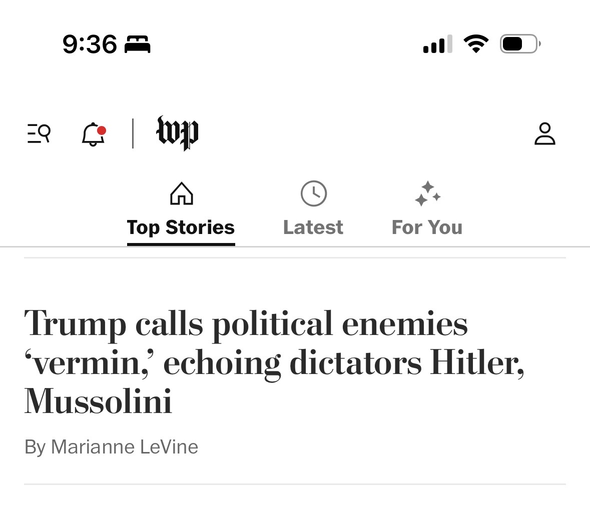A Washington Post headline likening Trump's use of the word "vermin" to that of Hitler and Mussolini